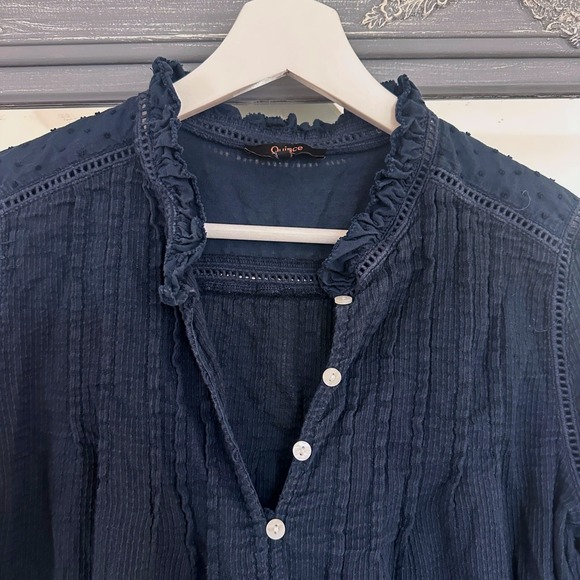 Quince Organic Textured Cotton Peasant Blouse Ruffle Neck Pintuck Long Sleeve S - Picture 8 of 12